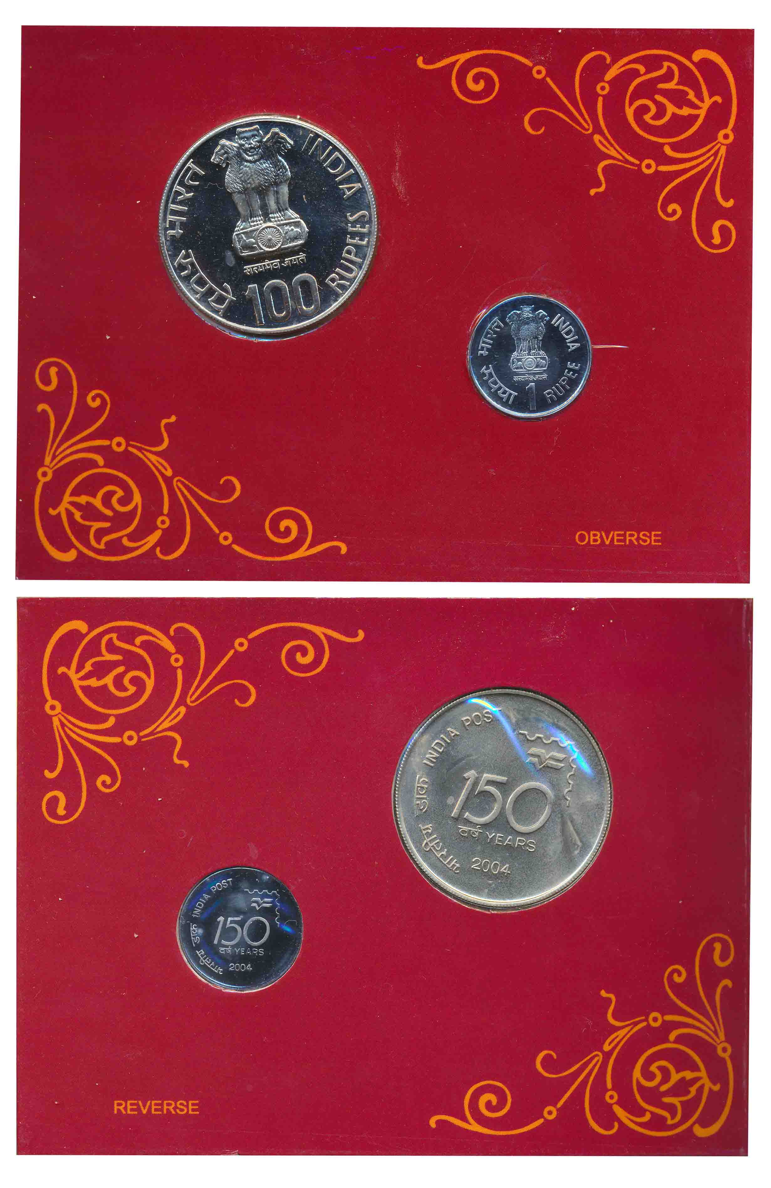 2004, Uncirculated Set of 2, “150 Years of India Post”, Kolkata Mint, Rupees 100 & 1, in b