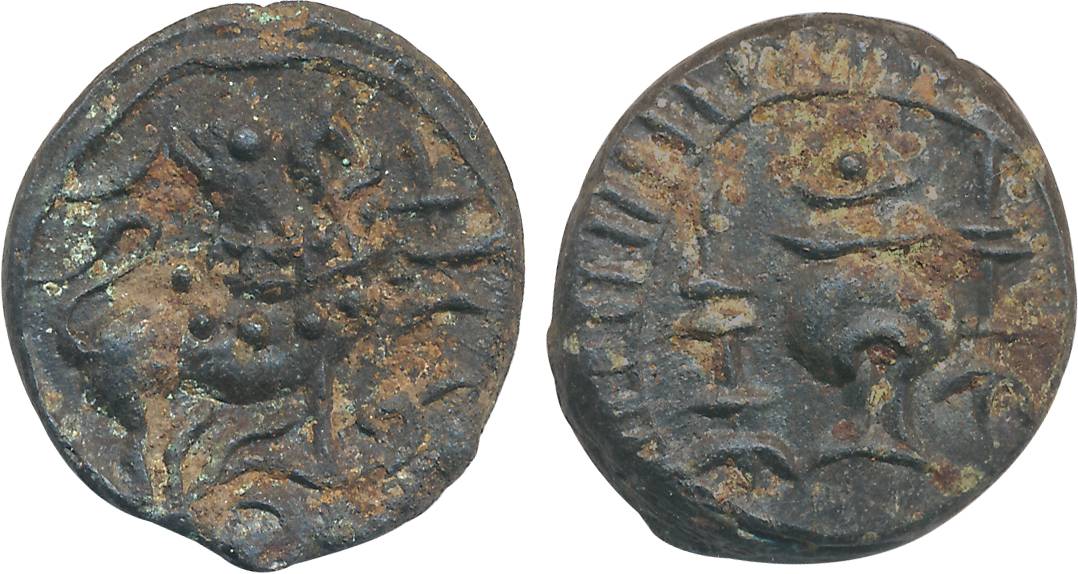 Andhra Region, Vishnukundin, 9.40g, Obv: Lion facing right front Srivatsa, Rev: Conch shel