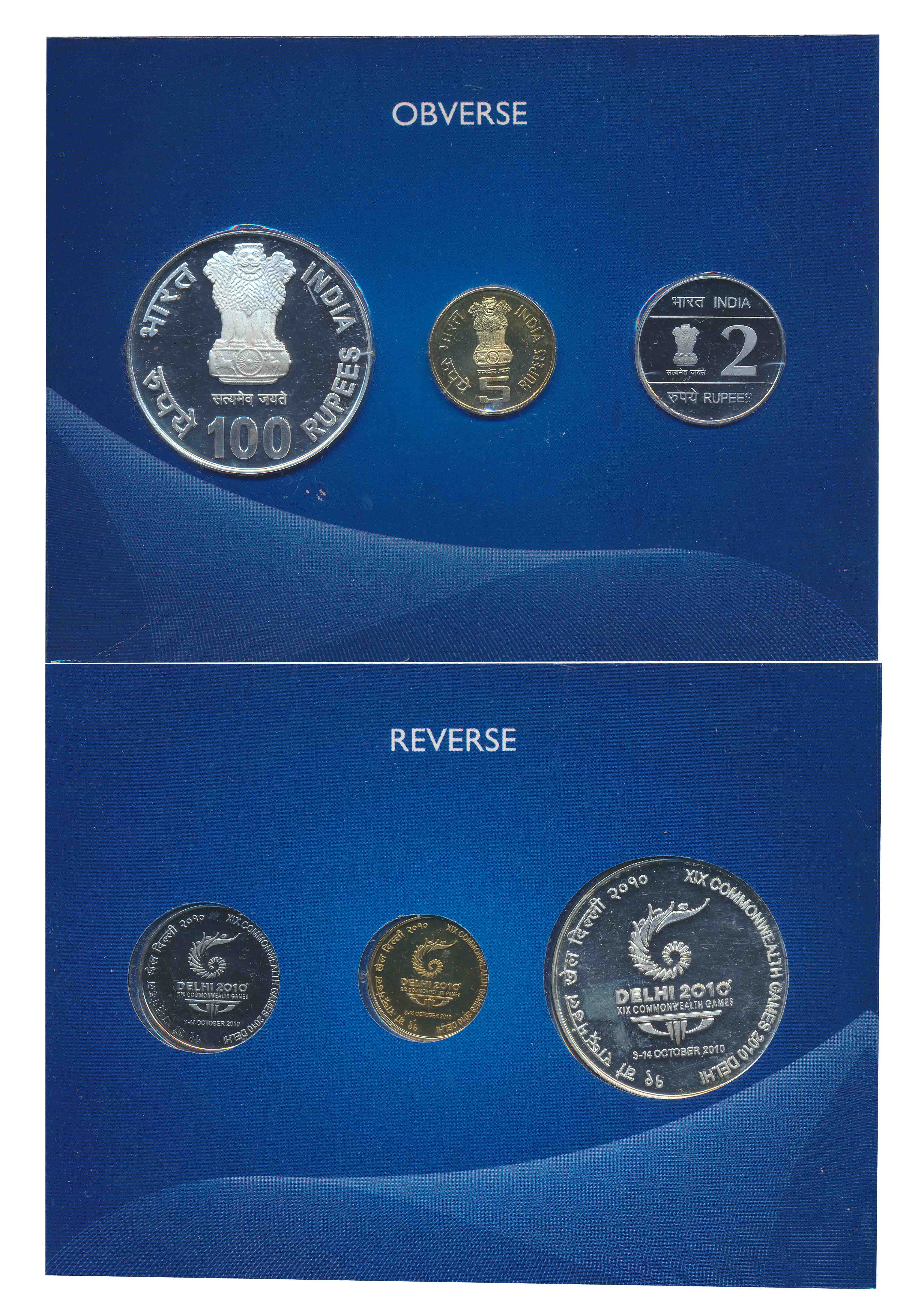 2010, Proof set of 3, “XIX Common Wealth Games 2010 Delhi”, Kolkata Mint, Rupees 100, 5 & 