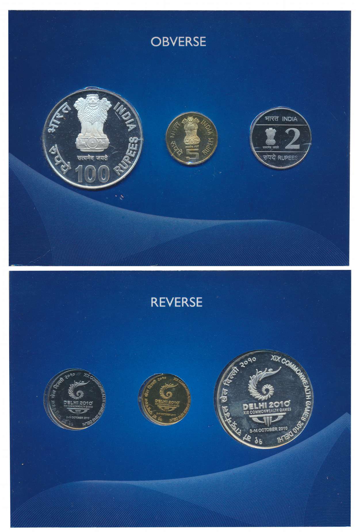 2010, Uncirculated set of 3, “XIX Common Wealth Games 2010 Delhi”, Kolkata Mint, Rupees 10
