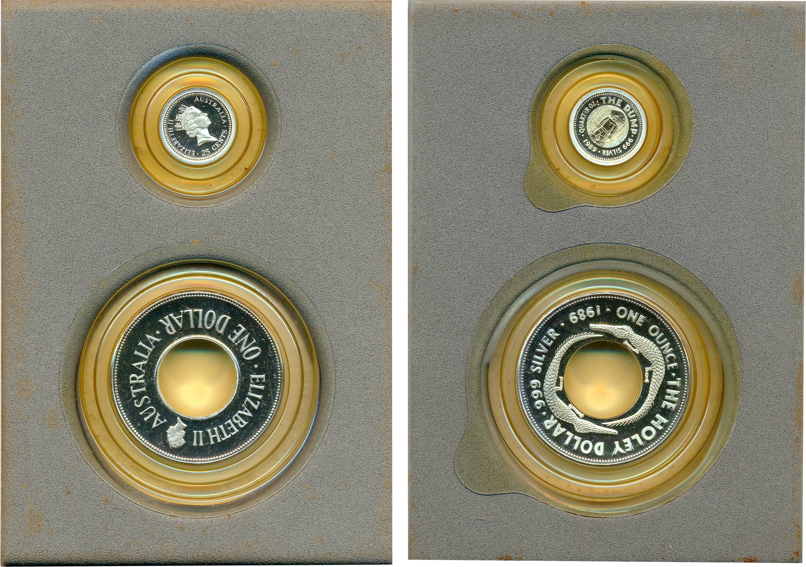Australia, Proof, Silver, 1989, “The Holey Dollar & The Dump”. In original box of packing 