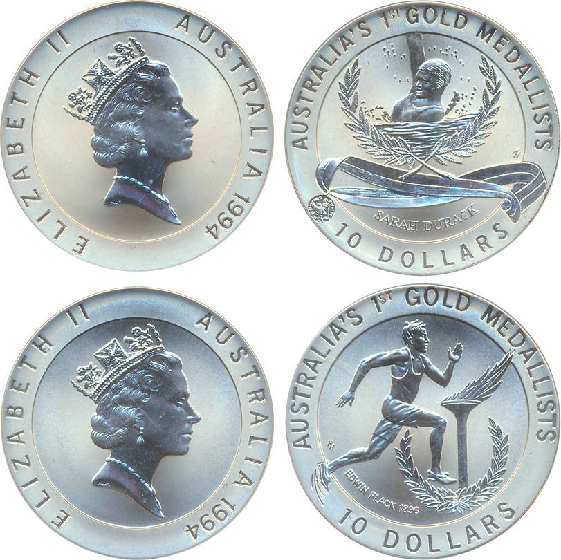 Australia, Uncirculated, Silver (2), 10 Dollars, 1994, “Australia’s Greatest Olympics- 195