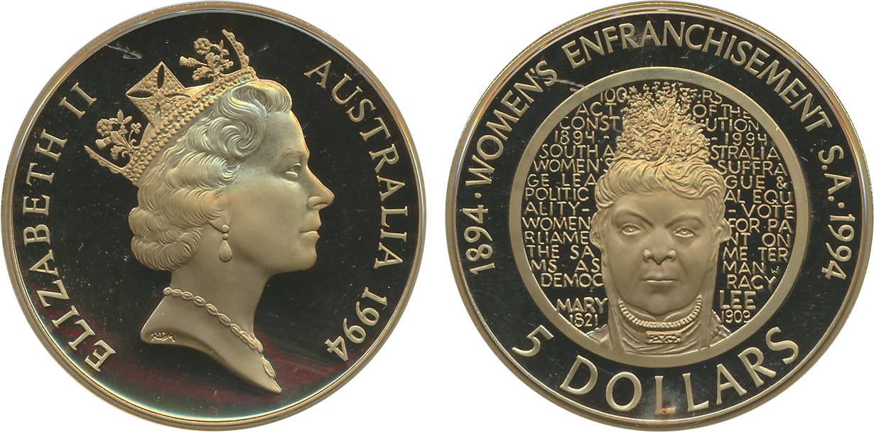 Australia, Proof, Aluminium Bronze, 5 Dollar, 1994, “1894 Women’s Enfranchisement S.A. 199