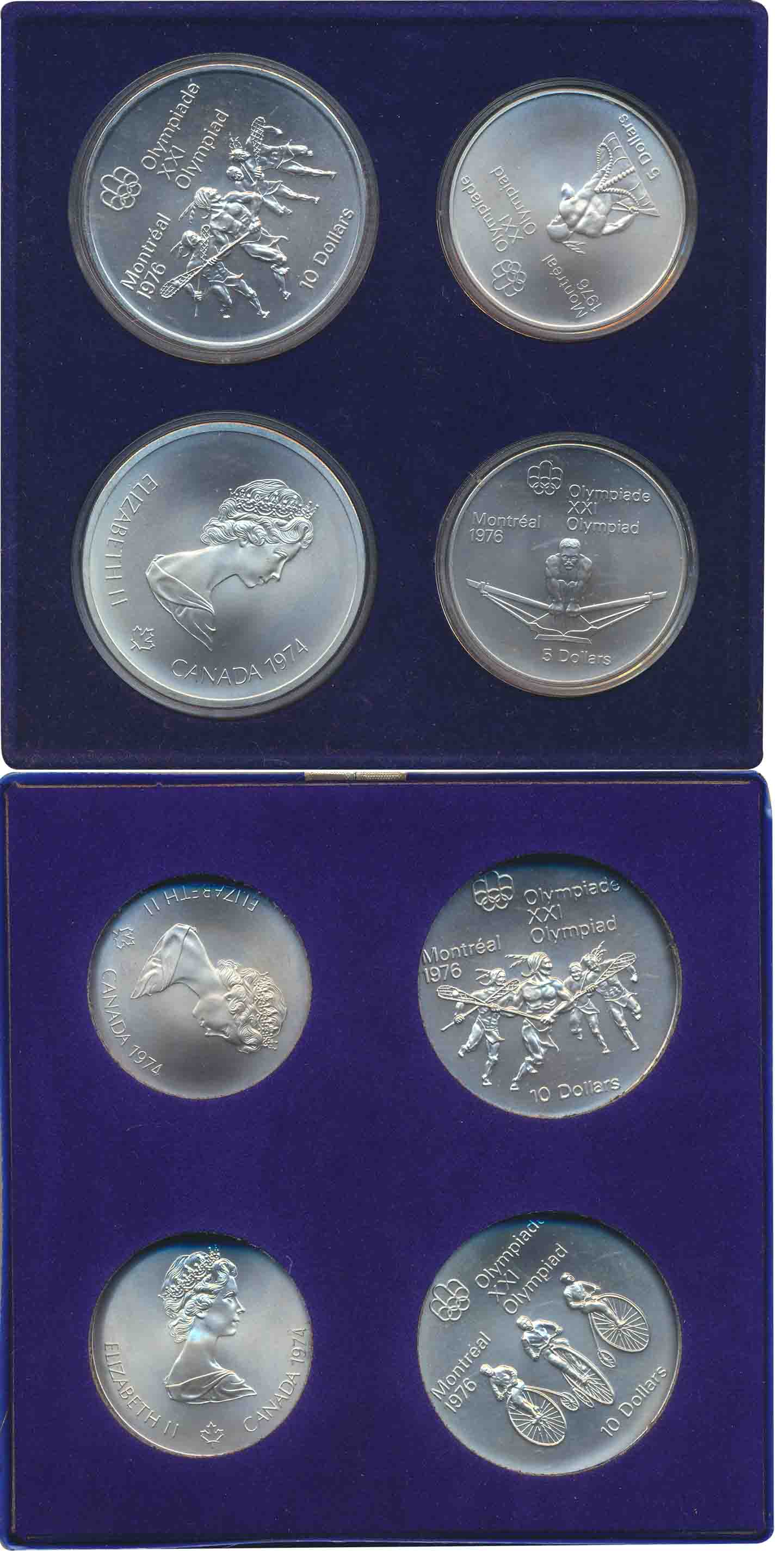 Canada, Uncirculated, Silver (4), 10 Dollar (2), 5 Dollar (2), Set of 4 coins, 1976, “Mont
