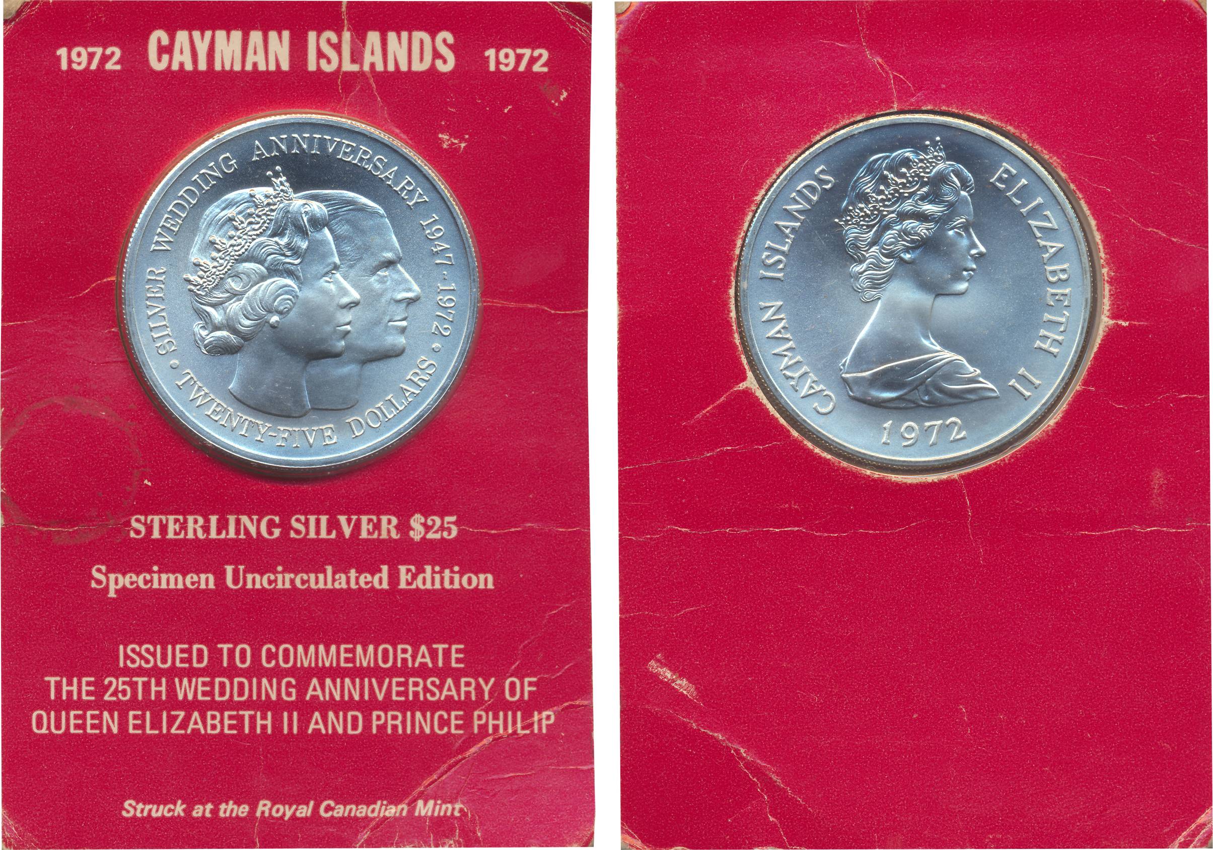 Cayman Islands, Elizabeth II, Proof, Silver 25 Dollar, 1972, “The 25th wedding anniversary