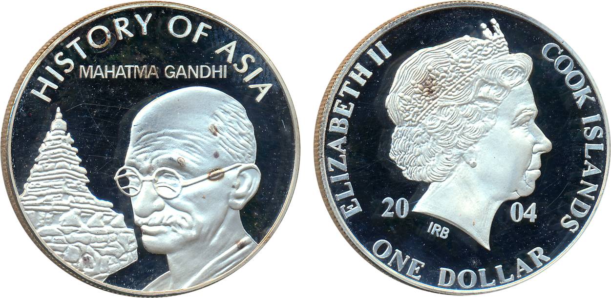Cook Island, Elizabeth II, Proof, Silver 1 Dollar, 2004, Mahatma Gandhi, history of Asia s