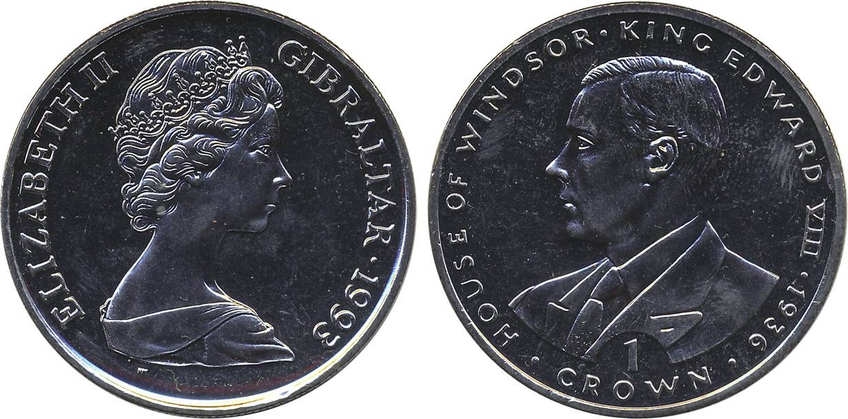 Gibraltar, Elizabeth II, Proof, Copper Nickel 1 Crown, 1993, “King Edward VIII”, Obv: Youn