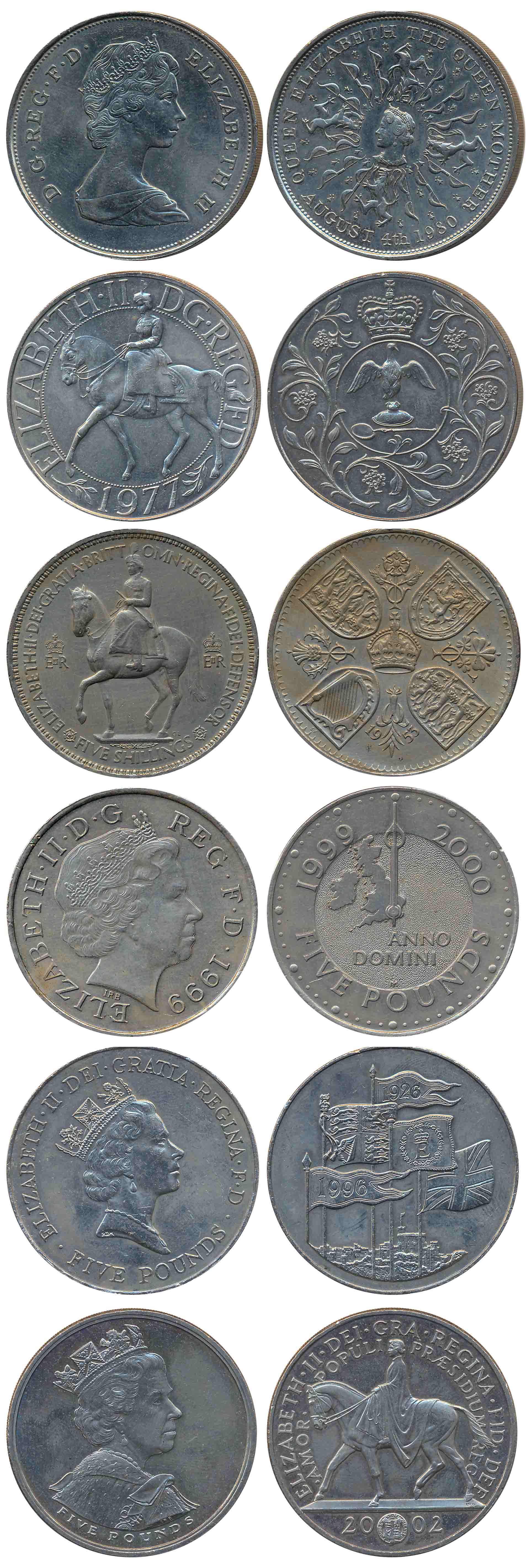 Great Britain, Copper Nickel, Crowns (6), varies types. Very fine to very fine+. 6 coins.