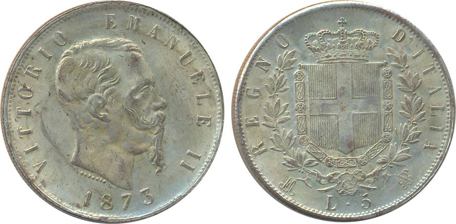Italy, Vittrio Emanuele II, Silver 5 Lire, 1873, Obv: Head to right, Rev: Crown shield wit