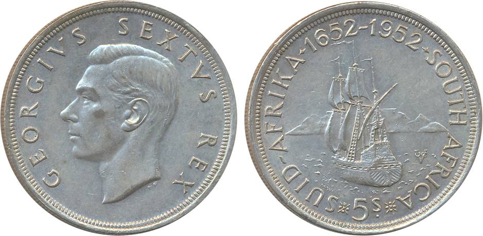 South Africa, George VI, Silver 5 Shillings, 1952, “300 Anniversary Founding of Cape Town”