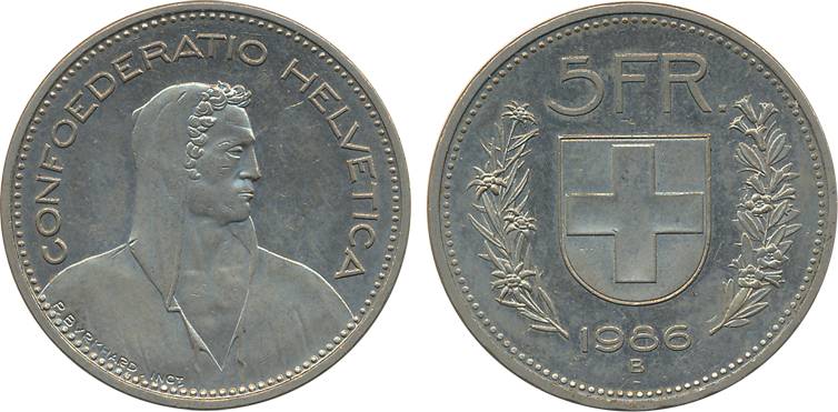 Switzerland, Copper-Nickel 5 Francs, 1986B, Bern Mint, Confoederation Helvetica (KM# 40a.3