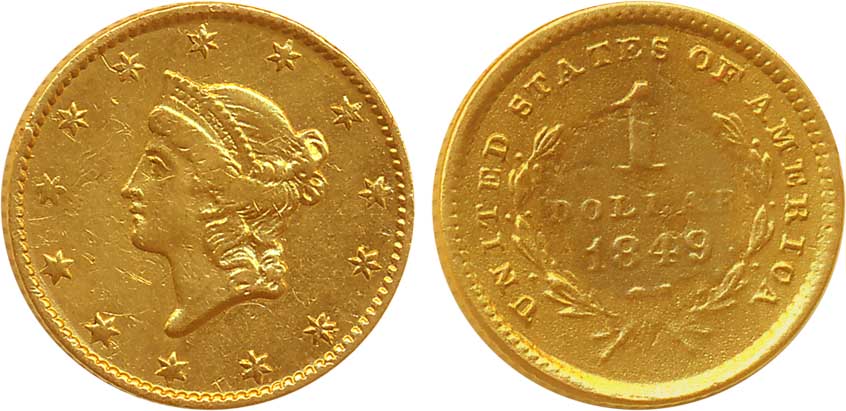 United States of America, Gold 1 Dollar, 1.64g, 1849, Obv: Liberty Head to left within cir