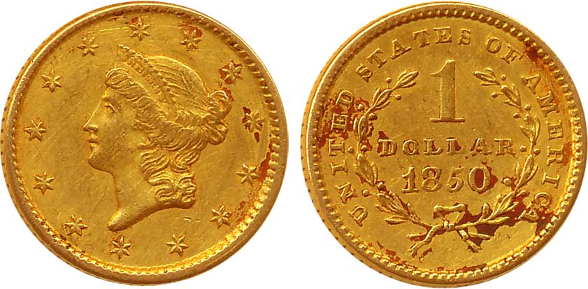 United States of America, Gold 1 Dollar, 1.66g, 1850, Obv: Liberty Head to left within cir