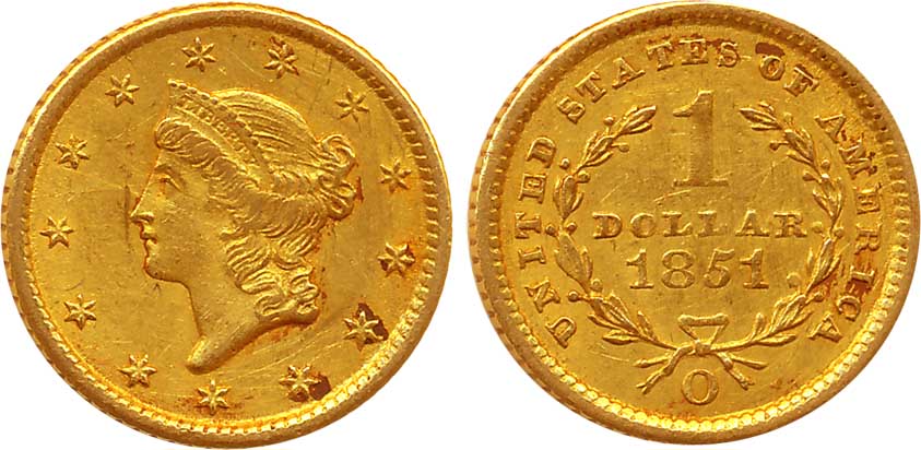 United States of America, Gold 1 Dollar, 1.67g, 1851, Obv: Liberty Head to left within cir