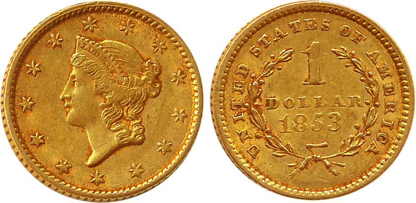 United States of America, Gold 1 Dollar, 1.66g, 1853, Obv: Liberty Head to left within cir