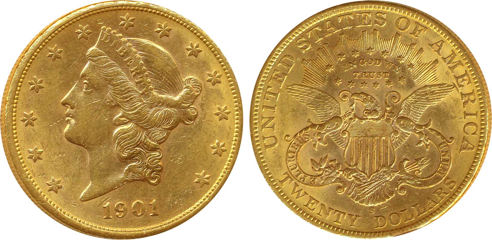 United States of America, Gold 20 Dollar, 33.43g, 1901, Obv: Coronet head within circle of