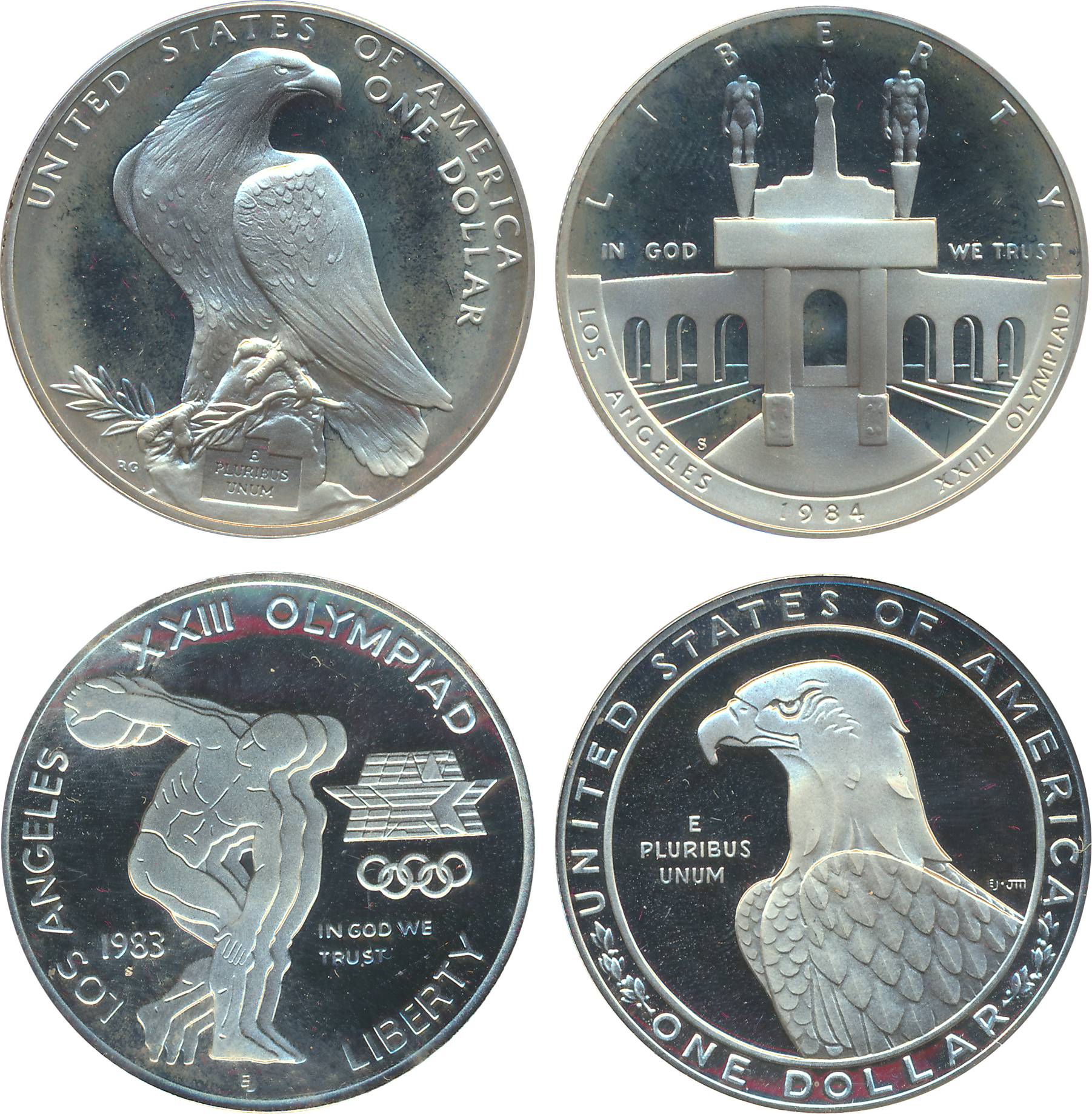 United State of America, Proof, Silver 1 Dollar (2), 1983 & 1984, Olympic. In original box