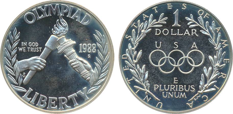 United State of America, Proof, Silver 1 Dollar, 1988, “Olympic”. In original box of packi