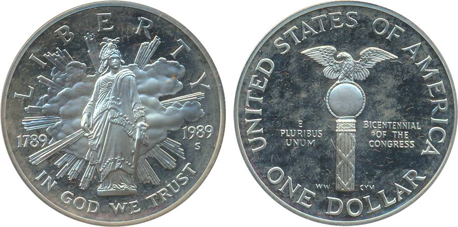 United State of America, Proof, Silver 1 Dollar, 1989, “Congress Bicetennial”. In original
