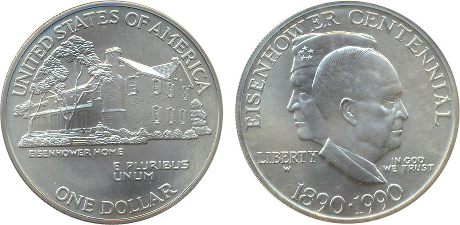 United State of America, Uncirculated, Silver 1 Dollar, 1990W, “Eisenhower Centennial”. In