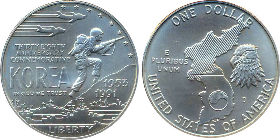 United State of America, Uncirculated, Silver 1 Dollar, 1991D, “Korean War Memorial”. In o