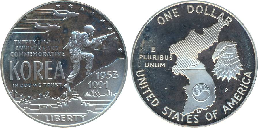 United State of America, Proof, Silver 1 Dollar, 1991E, “Korean War Memorial”. In original