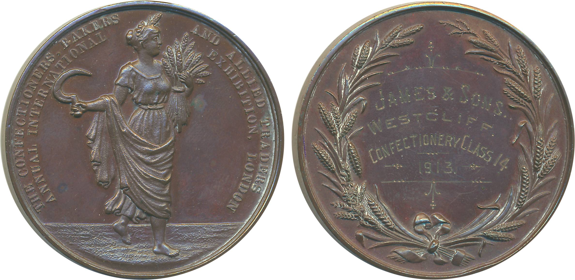 Exhibition, Copper Medal, 1913, Obv: Ceres standing holding cornucopia. Rev: Legend within