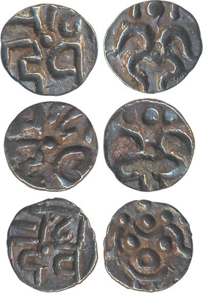 Kalchuries of Ratanpura, Ratnadeva II, Silver Mashakas (3), Obv: Crude depiction of seated