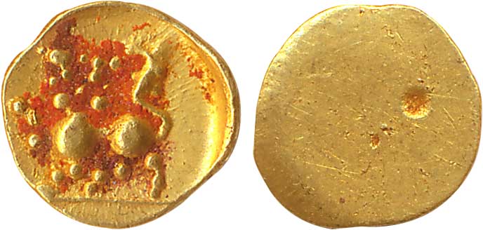 Southern India, Rajula Reddy, Gold ½ Fanam, 0.19g, an ornate lion facing front and walking