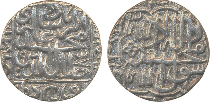 Akbar, Silver Rupee, 10.90g, “Kalima” type, Delhi Mint, AH 985, mint name on bottom on obv