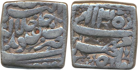 Akbar, Silver Square Rupee, 11.14g, “Jalalahu” type, Delhi Mint, Ilahi Month Mihir, Year 3