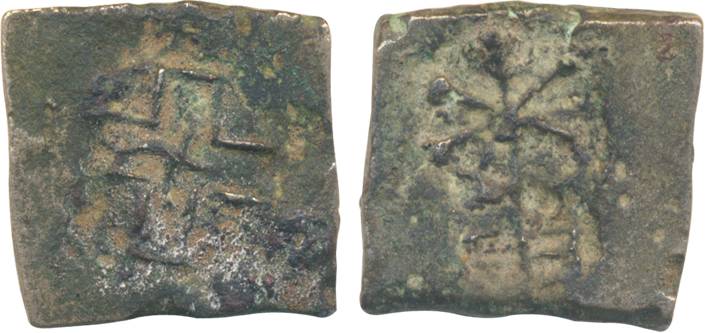 Pre – Satavahana, Nasik Area, Copper, 6.70g, Obv: Tree in railing as a single punch, Rev: 