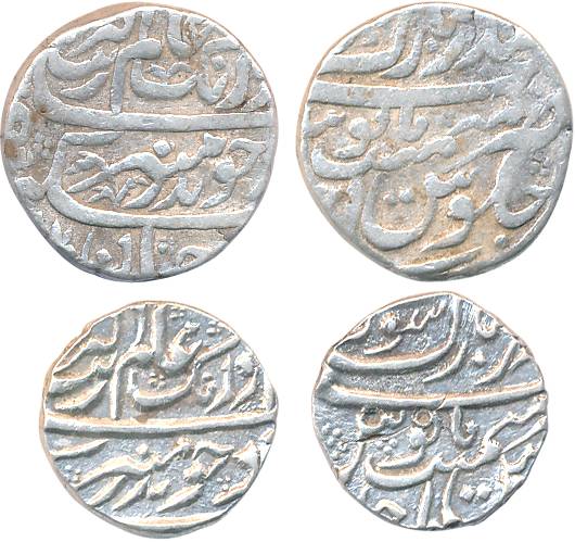 Aurangzeb, Silver (2), Rupee & ½ Rupee, 11.48g, 5.70g, Bandar i Mubarak Surat Mint, RY Aha