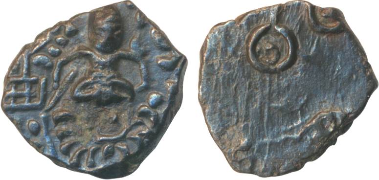 Ujjaini Region, Uninscribed, Copper, 2.40g, Obv: Shiva or Mahakal seated on lotus facing f