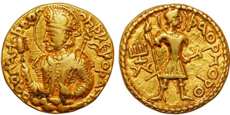 Kushan, Huvishka, Gold Dinar, 7.80g, Obv: Nimbate and Diademed bust of king, wearing tunic