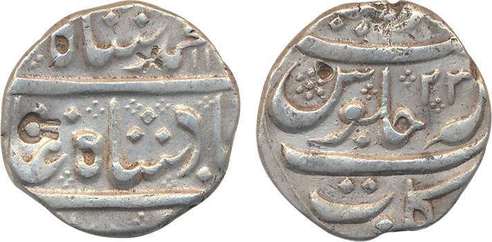 Muhammad Shah, Silver Rupee, 11.40g, Arkat Mint, AH 11XX/ RY 23 (KM# 436.7). Shroff marks,