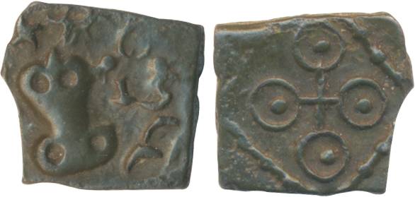 Satavahana, Uninscribed, Copper, 1.60g, Nasik Region, Obv: Bold Srivatsa on left, three ar