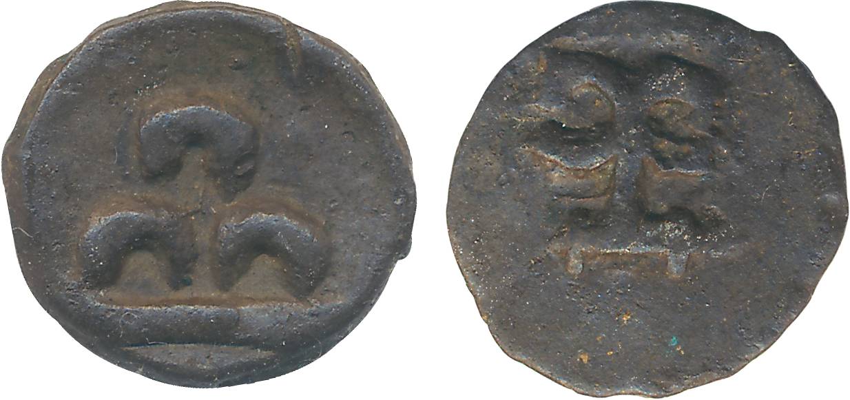 Chutus, Lead Fraction, 0.81g, Obv: 3 Arched hill, wavy river below, Rev: Sri Vatsa symbol.