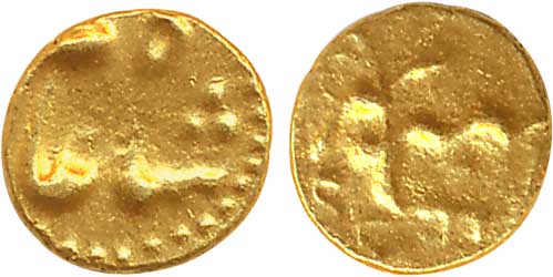 Shah Alam II, Gold ½ ‘Apranji’ Fanam, 0.19g, “Cuddappah” region, Gurramkonda Mint, Obv: Pe