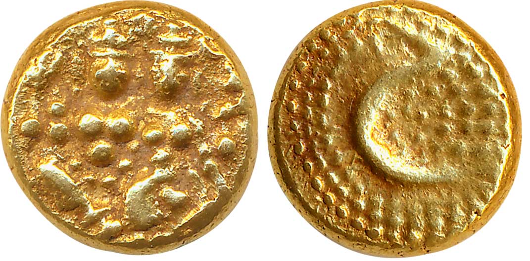 Haidar Ali, Gold Pagoda, 3.43g, Obv: Shiv Parvati seated, Rev: Letter “He’ (KM# 15). Very 