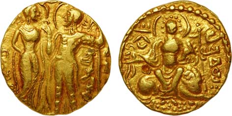 Gupta, Samudra Gupta, Gold Dinar, 7.55g, “King and Queen” type, Obv: Nimbate king standing