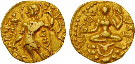 Gupta, Chandra Gupta II, Gold Dinar, 7.84g, “Archer” type, Obv: Nimbate king, standing wea