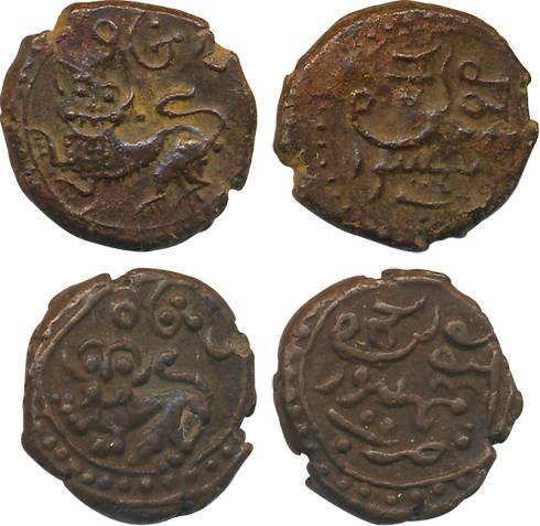 Dewan Purnaiya, Copper 6- ¼ Cash, (2), 2.78g, 2.74g, Obv: Sardula (Mythical Tiger), Rev: K