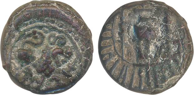 Vishnukundin, Potin (2), 8.74g, 9.52g, Obv: Lion with a raised paw within circular border,