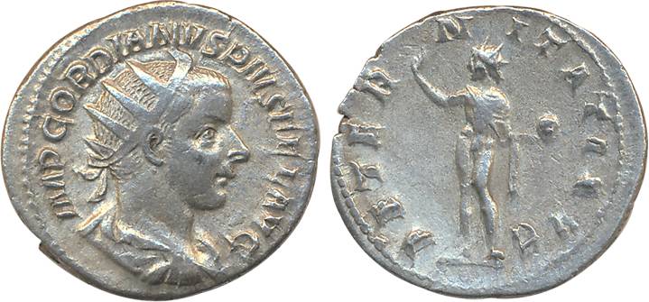 Ancient World, Gordian III, Silver Antoninianus, 4.14g, Obv: Radiate draped bust right, Re