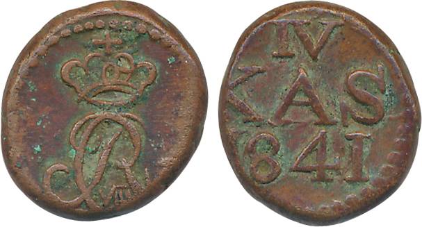 Christian VIII, Copper, 4 Cash, 2.50g, 1841, Crowned C VIII monogram (KM# 161). Very fine,