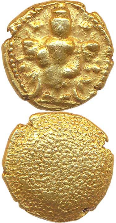 Gold, Pagoda, 3.42g, Obv: Lord Balalji standing, Rev: Granulated field (KM# 21). Very fine