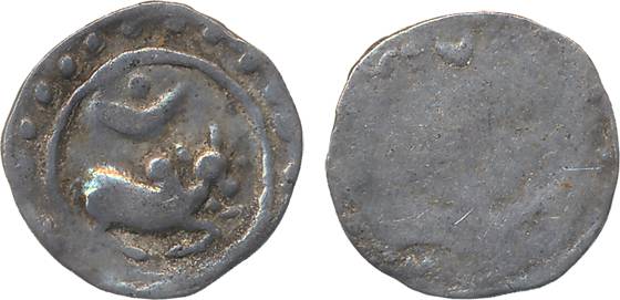 Chandra raja of Harikela, Silver, 0.45g, Obv: Bull squatting to right and a crescent with 