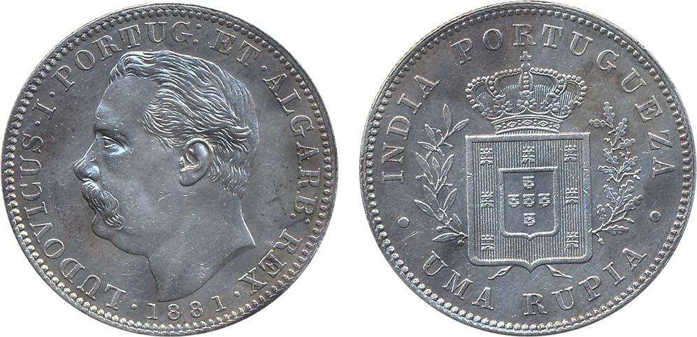 Luiz I, Silver Rupee, 1881, Obv: Head to left, Rev: Crowned arms within sprays (KM# 312). 