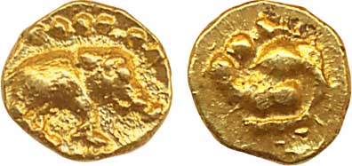 Chalukyas of Badami or feudatories, Gold Fractional Fanam or ‘Bele’, 0.10g, Obv: Boar faci